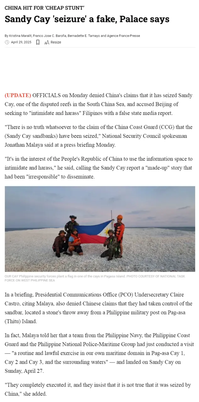 CHINA HIT FOR CHEAP STUNT': Sandy Cay 'seizure' a fake, Palace says