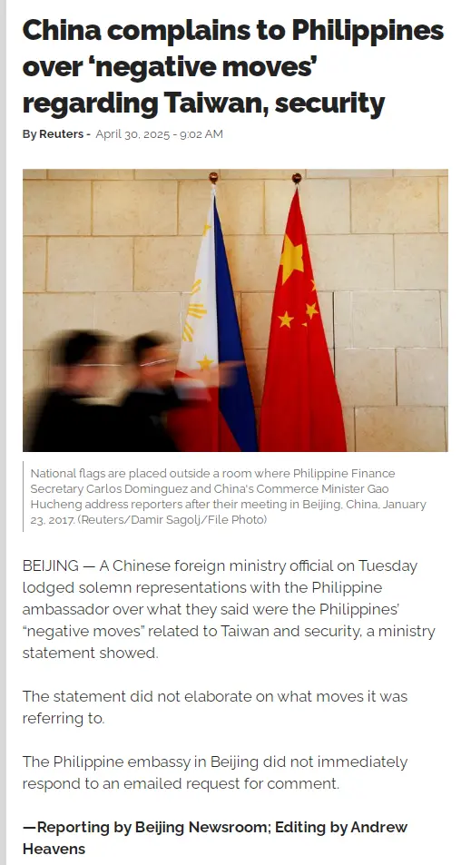 China complains to Philippines over negative moves' regarding Taiwan, security