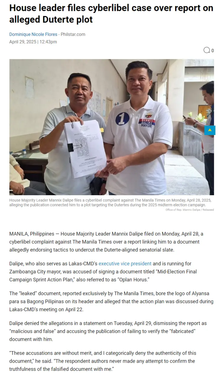 House leader files cyberlibel case over report on alleged Duterte plot