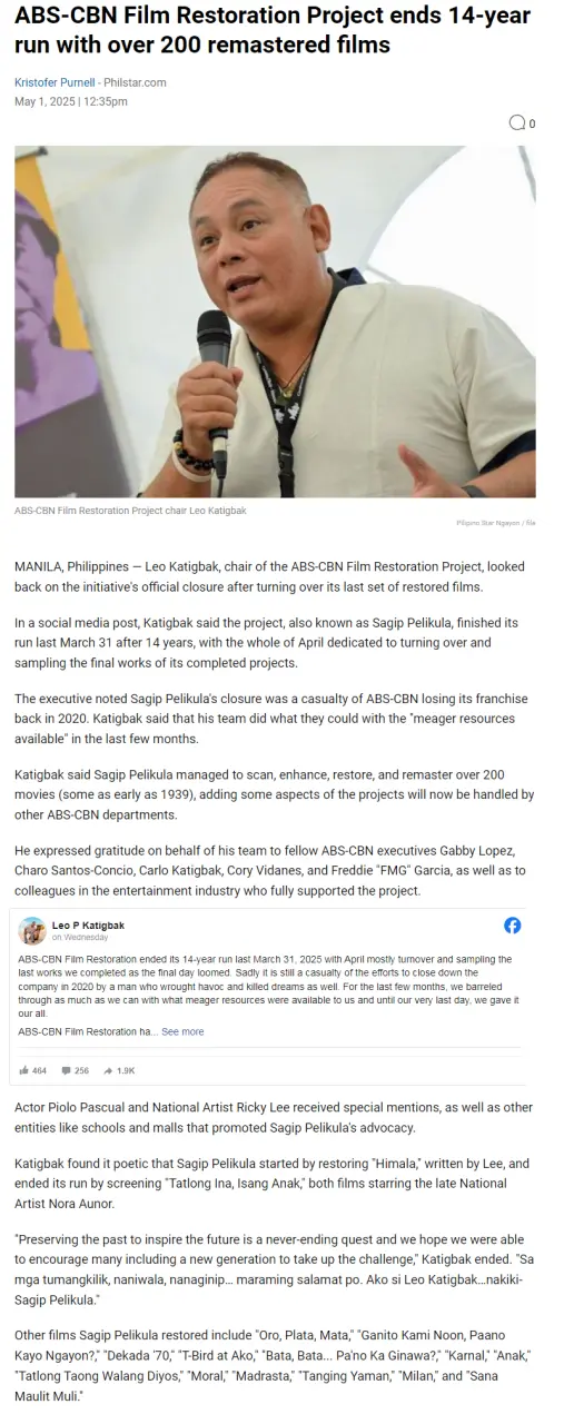 ABS-CBN Film Restoration Project ends 14-year run with over 200 remastered films