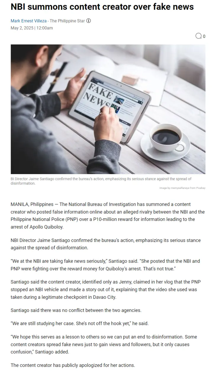 NBI summons content creator over fake news