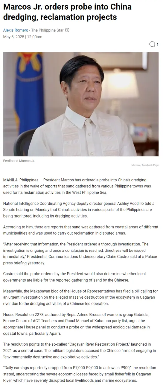 Marcos Jr. orders probe into China dredging, reclamation projects
