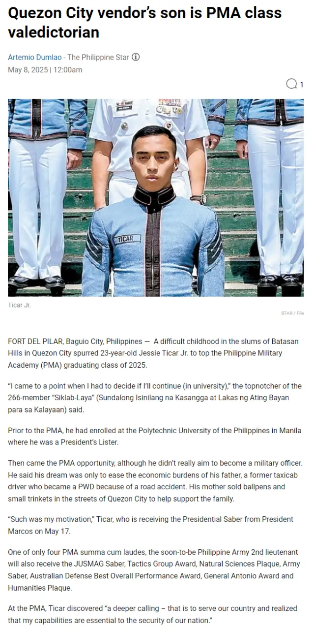 Quezon City vendor's son is PMA class valedictorian