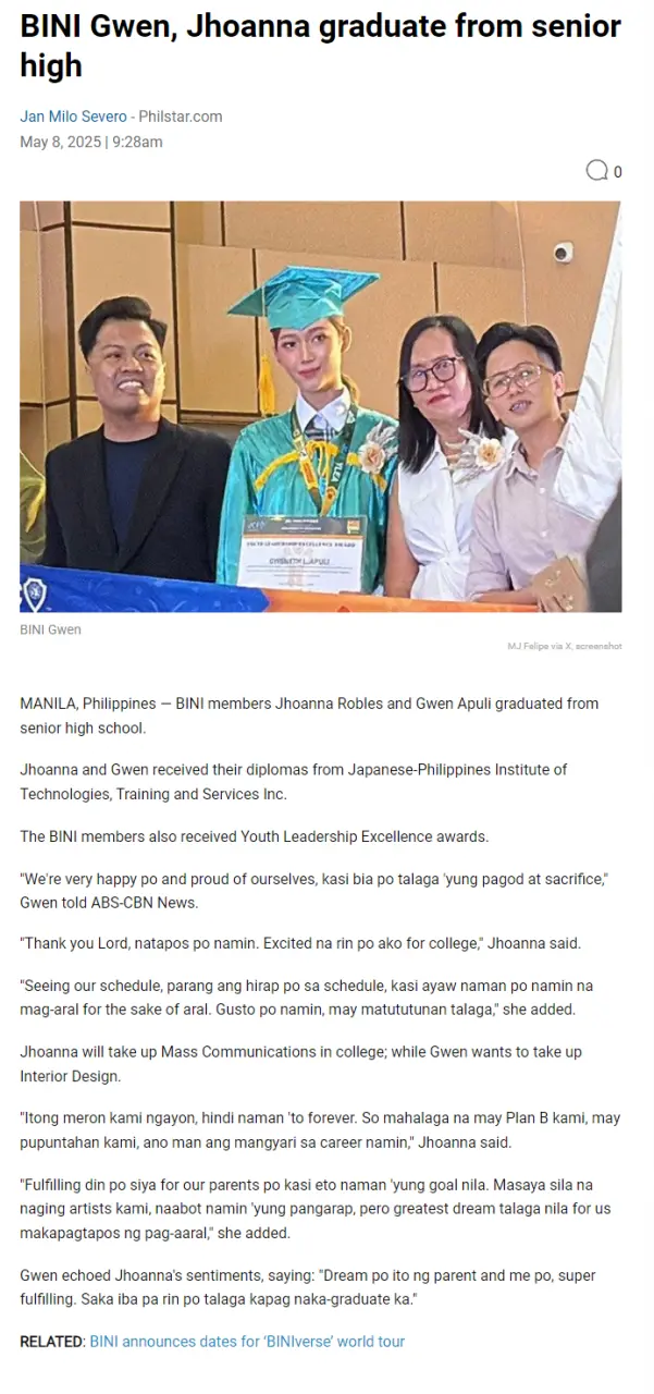 BINI Gwen, Jhoanna graduate from senior high