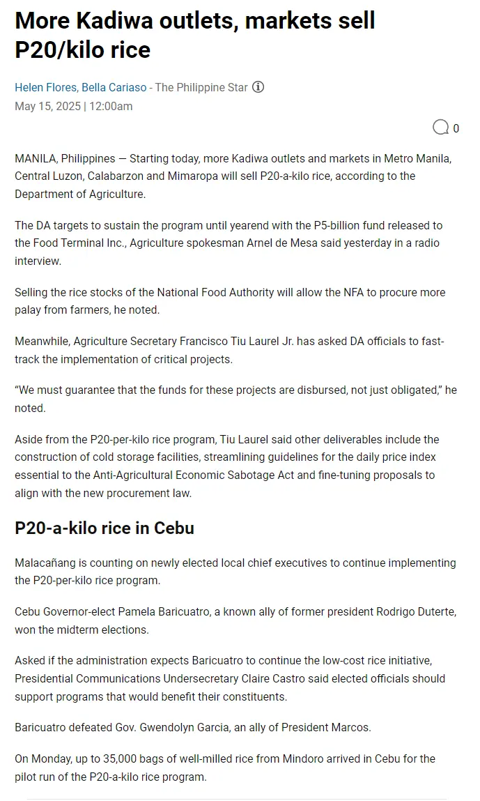 More Kadiwa outlets, markets sell P20/kilo rice