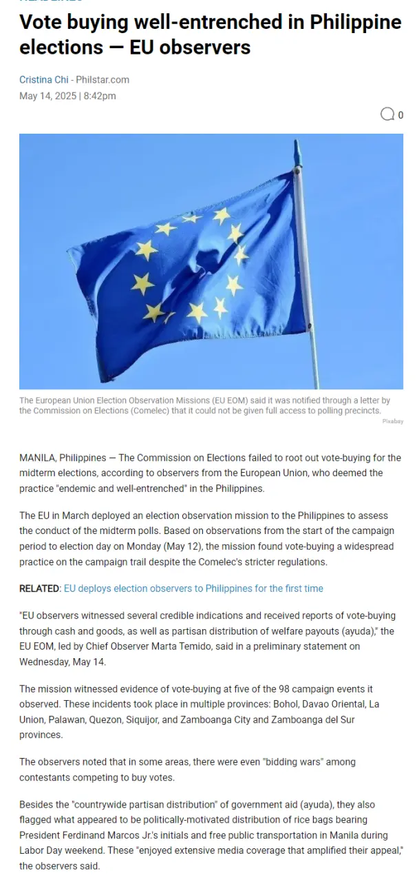 Vote buying well-entrenched in Philippine elections  EU observers