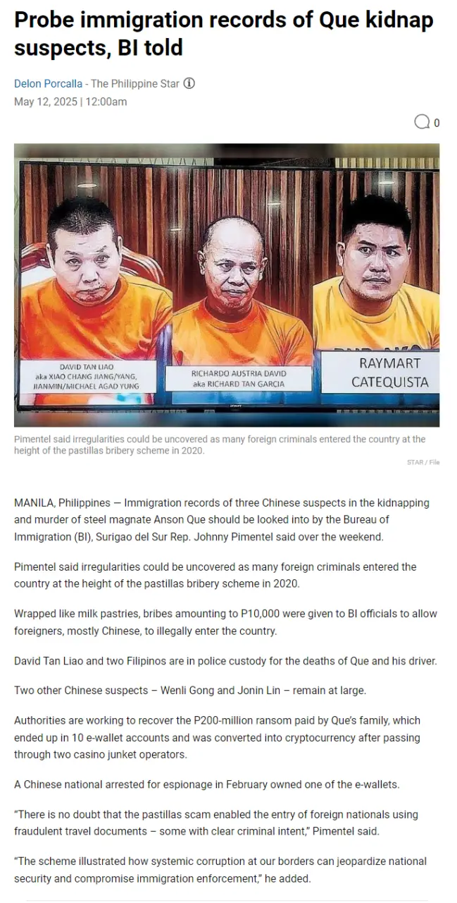 Probe immigration records of Que kidnap suspects, BI told