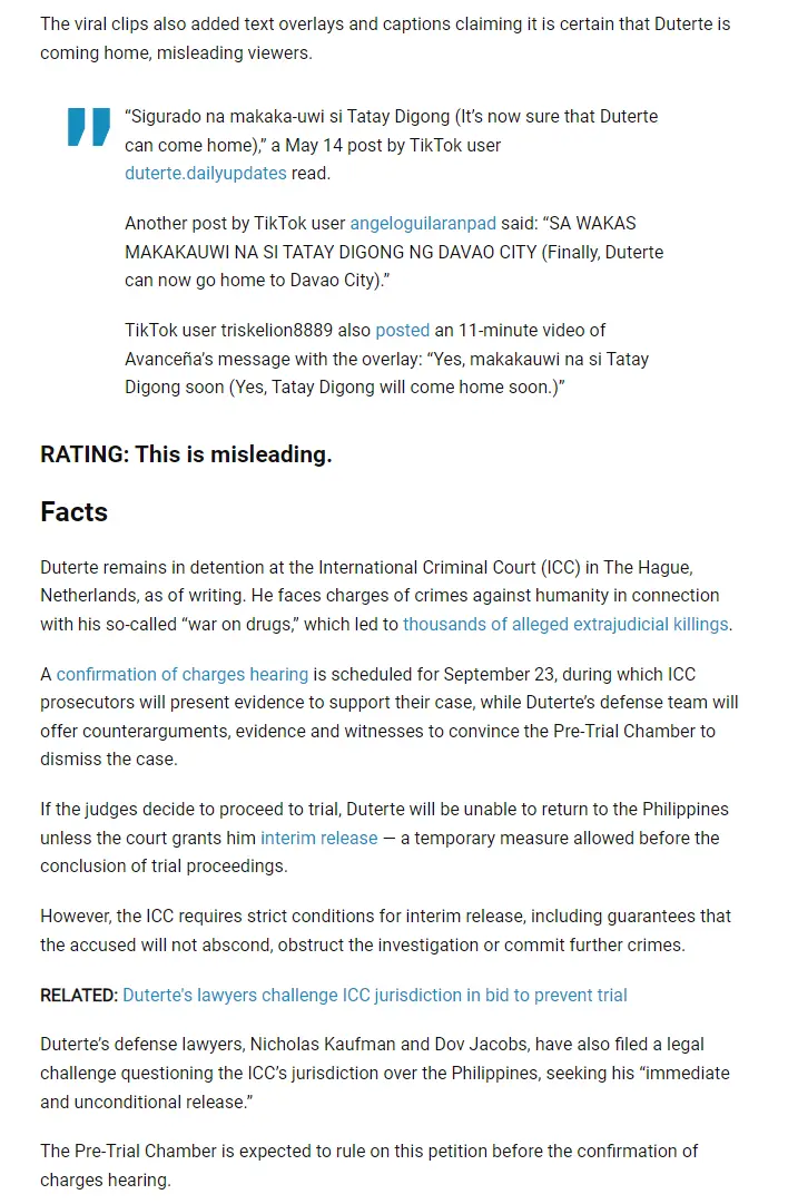 Fact check: Misleading clips of Honeylet's remark suggest Duterte's return after mayoral win