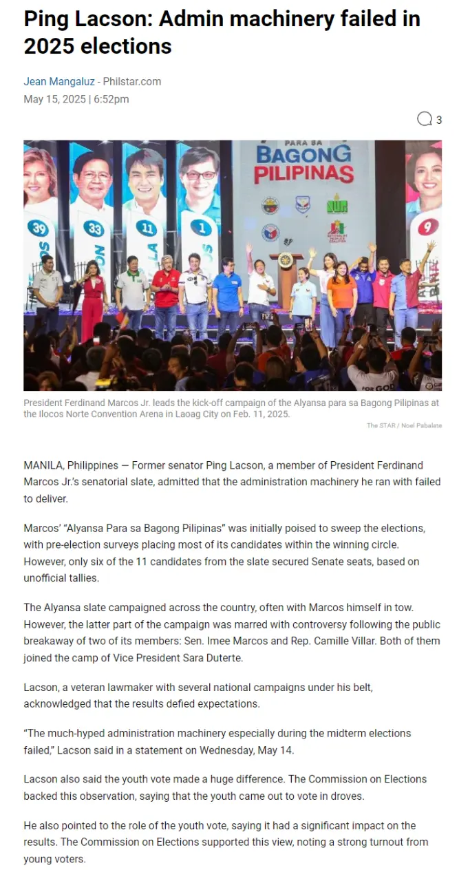 Ping Lacson: Admin machinery failed in 2025 elections