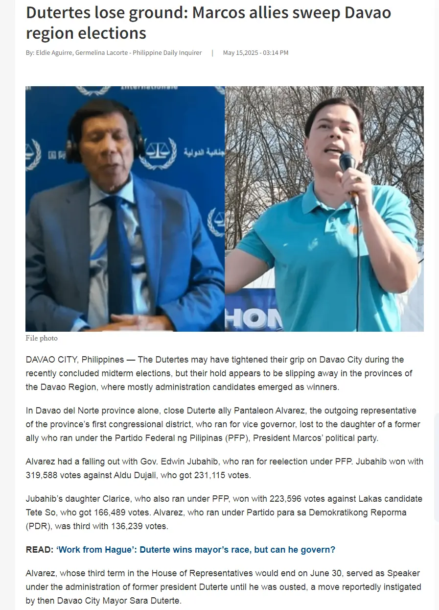Duterte lose ground: Admin allies sweep Davao region elections