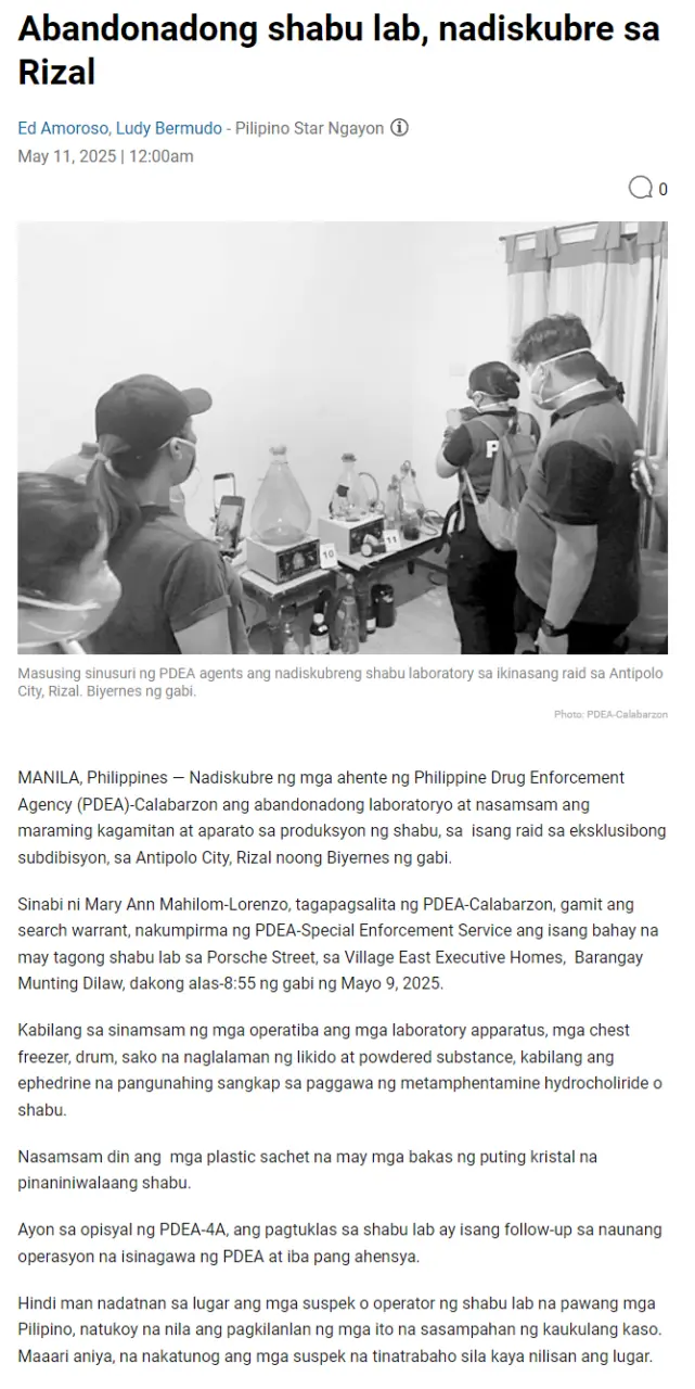 Abandonadong shabu lab, nadiskubre sa Rizal
