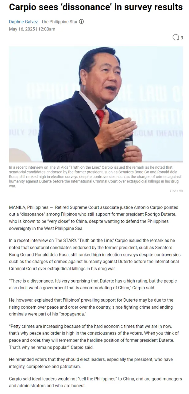 Carpio sees dissonance' in survey results