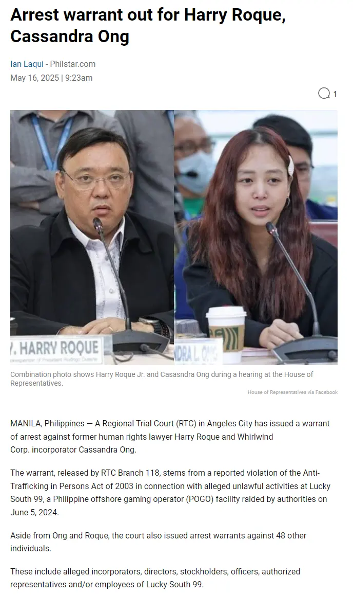 Arrest warrant out for Harry Roque, Cassandra Ong