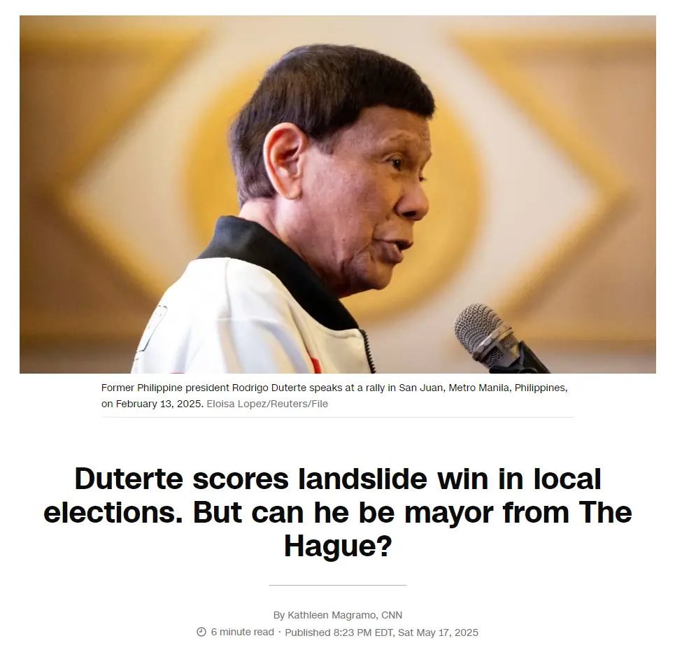 Duterte scores landslide win in local elections. But can he be mayor from The Hague?