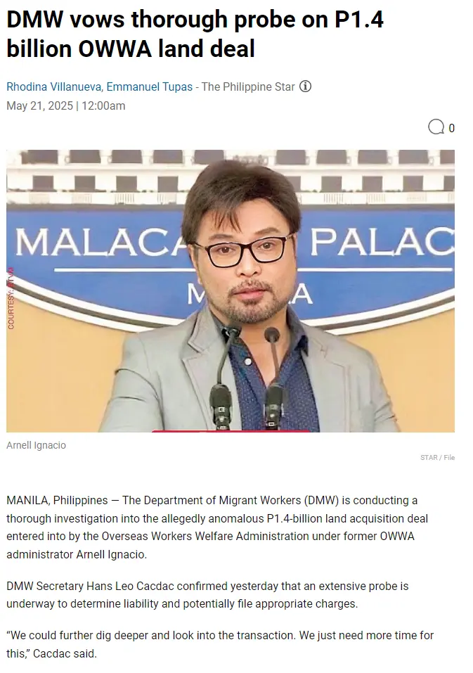 DMW vows thorough probe on P1.4 billion OWWA land deal