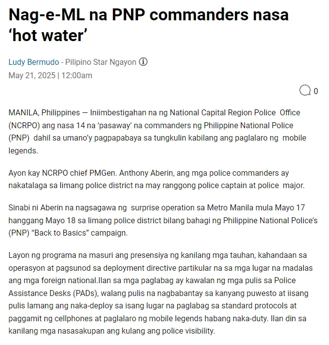 Nag-e-ML na PNP commanders nasa hot water'
