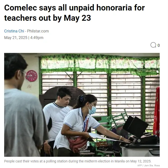 Comelec says all unpaid honoraria for teachers out by May 23