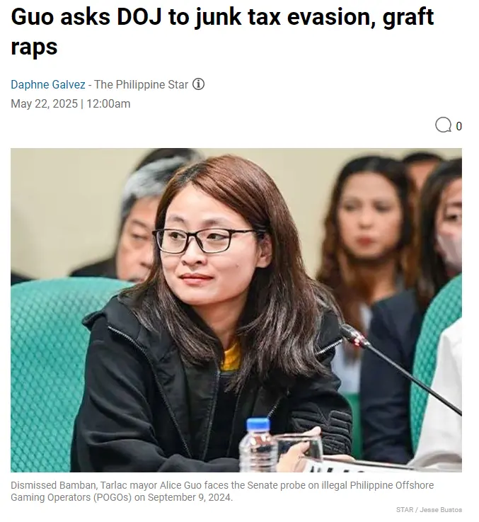Guo asks DOJ to junk tax evasion, graft raps