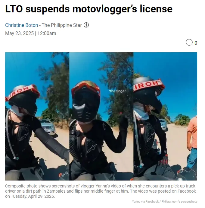 LTO suspends motovlogger's license