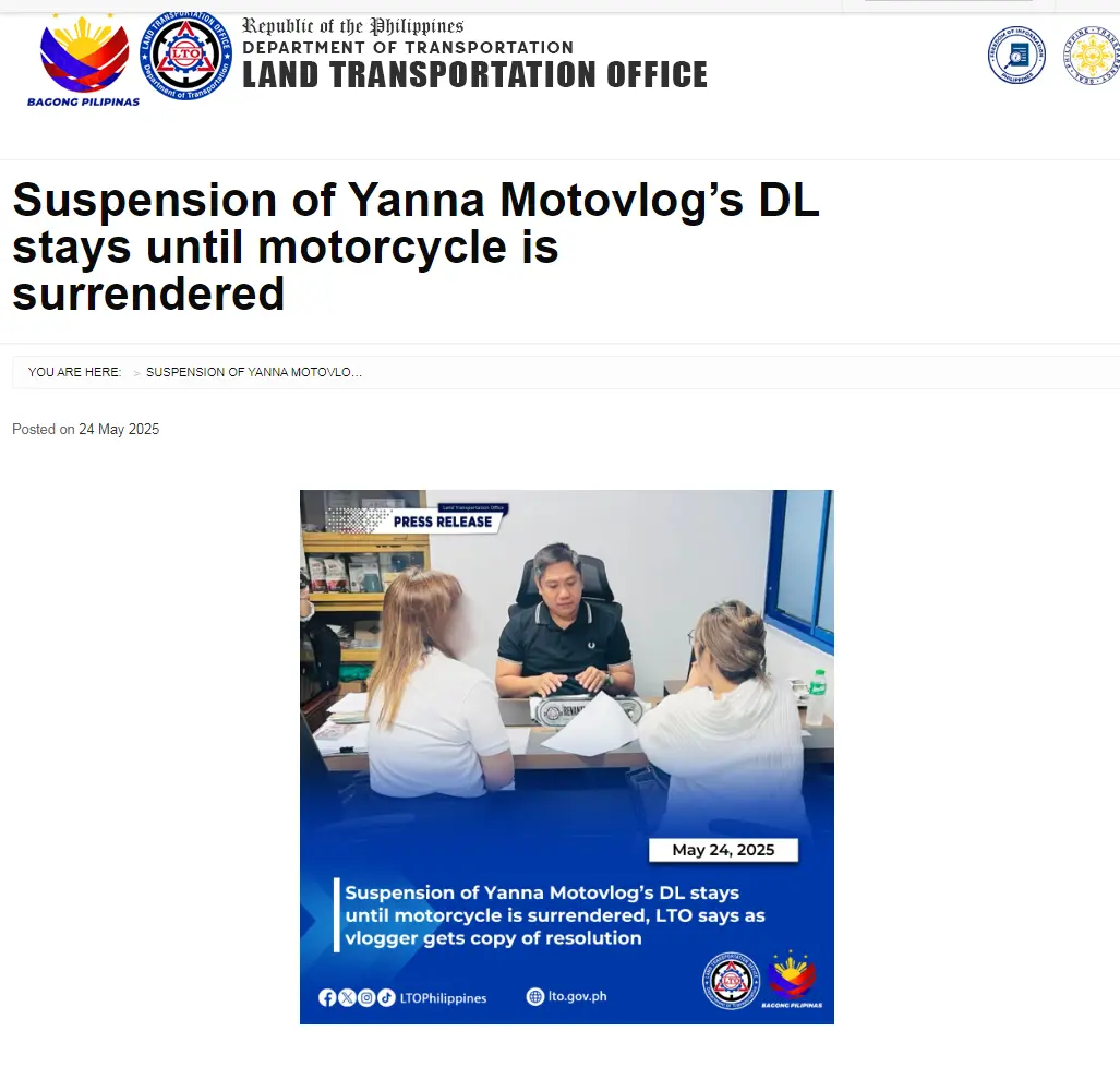 Suspension of Yanna Motovlog's DL stays until motorcycle is surrendered