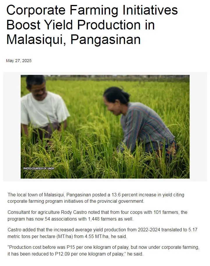 Corporate Farming Initiatives Boost Yield Production in Malasiqui, Pangasinan