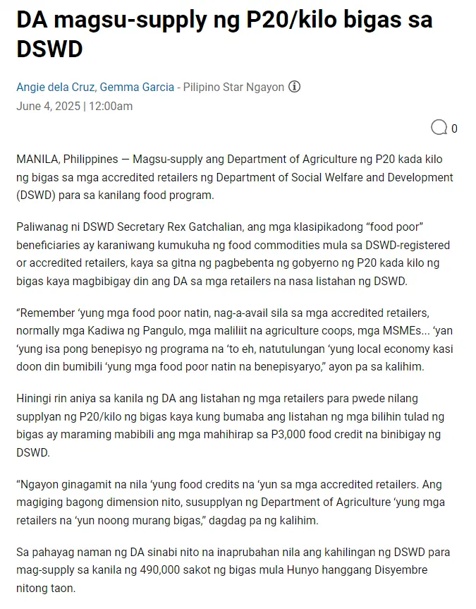 DA magsu-supply ng P20/kilo bigas sa DSWD