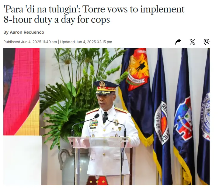 'Para 'di na tulugin': Torre vows to implement 8-hour duty a day for cops