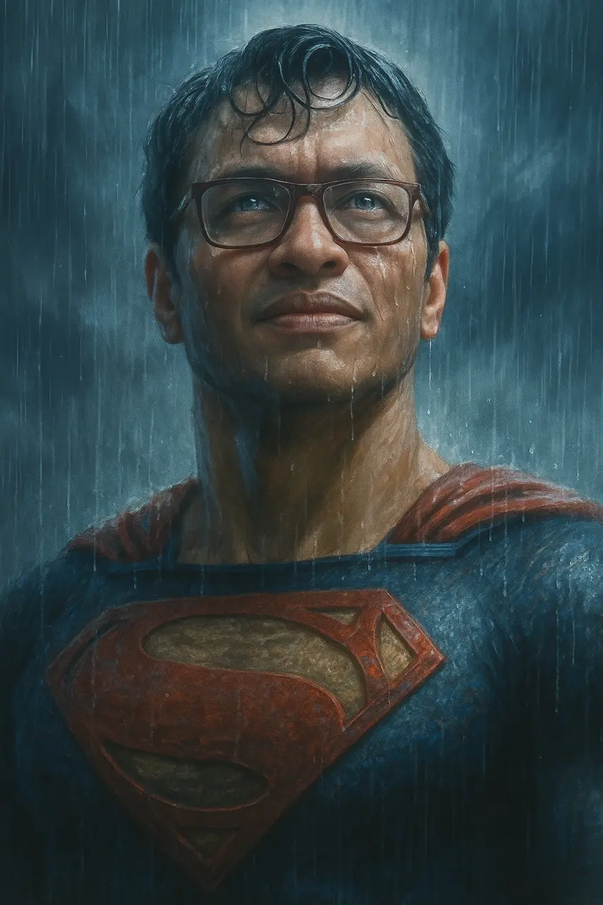 20250623_1750_Superman in Rain_remix_01jye314w3ep7scnghs4dmcc8g.webp