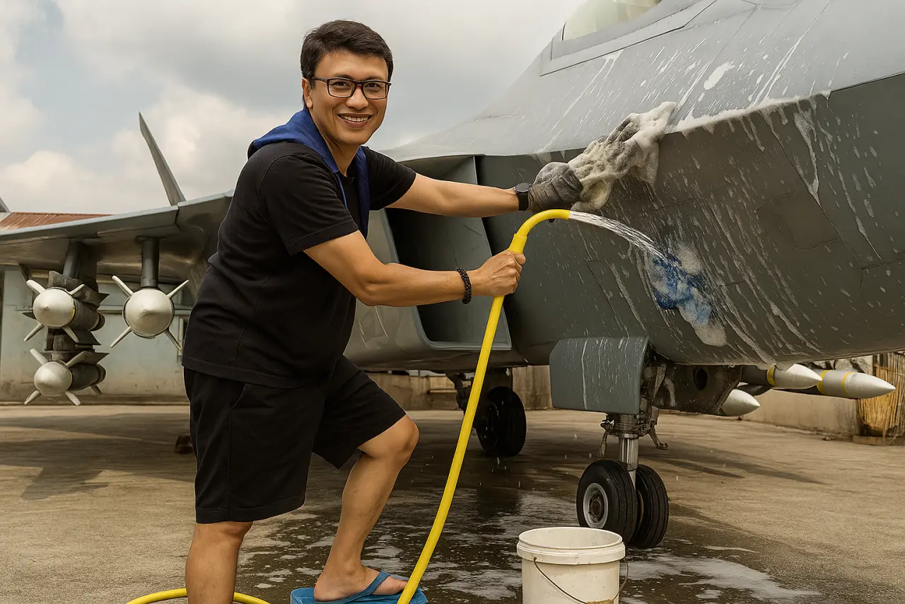 20250629_1340_Washing Fighter Jet_remix_01jyx34ygke8zackka5taysa7w.webp