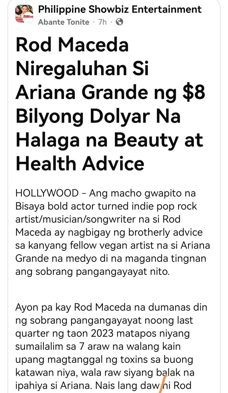 Rod Maceda Ariana Grande Vegan News Abante Tonite 8 Billion Dollar Gift of Rod Maceda to Aria...webp