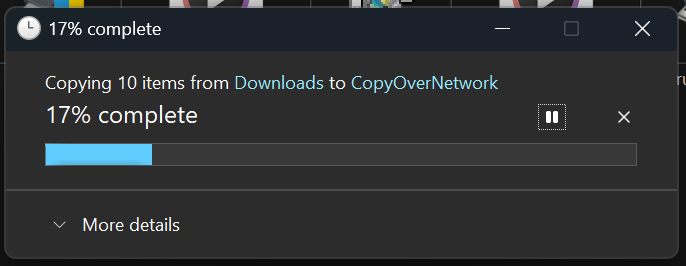 The new copy dialog in dark mode. 