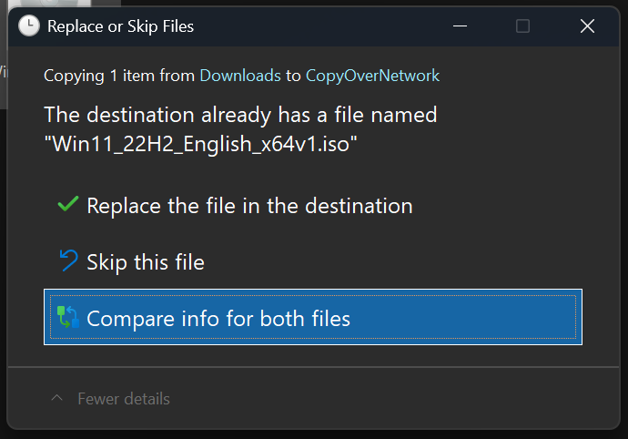 The new replace or skip files dialog in dark mode. 