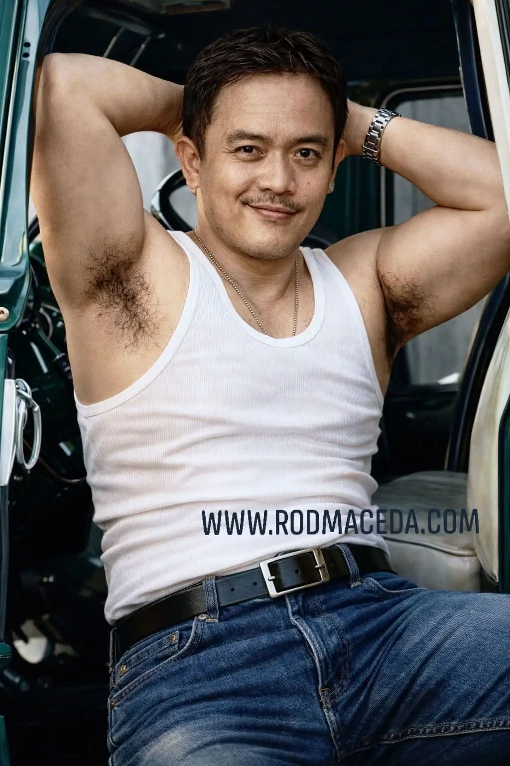 Rod Maceda smirk macho man Pinoy hunk armpit hair pose white sando blue jeans truck driver.webp