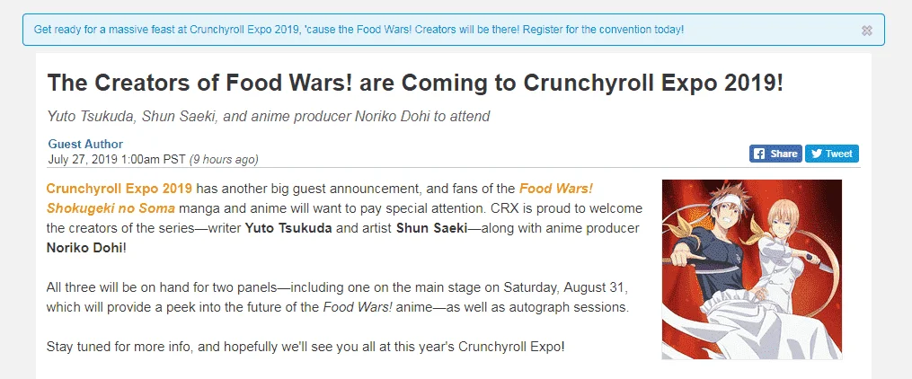 The Creators of Food Wars! are Coming to Crunchyroll Expo 2019!