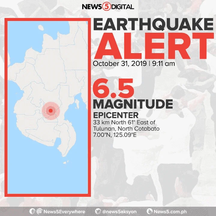 JUST IN | Niyanig ng magnitude 6.5 na lindol ngayong umaga ang Tulunan, North Cotabato, ayon sa PHIVOLCS.