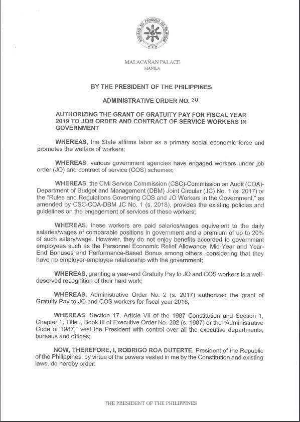 ADMINISTRATIVE ORDER NO. 20 (GRATUITY PAY)