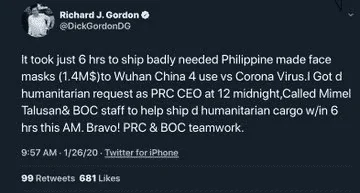 Gordon hugas-kamay sa pinadalang 3M face mask sa China