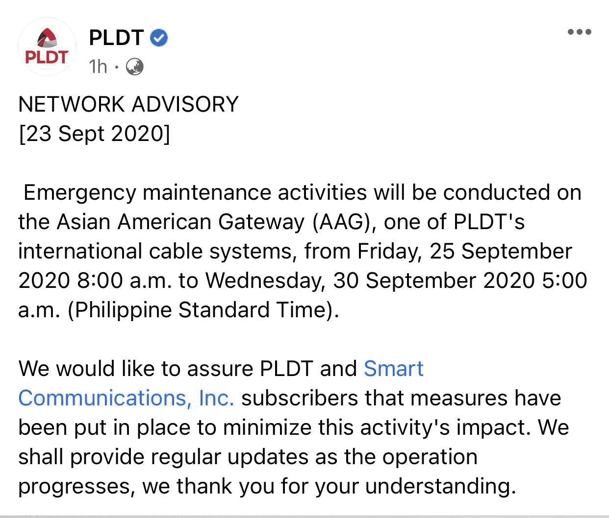 PLDT 5 days Emergency Maintenance