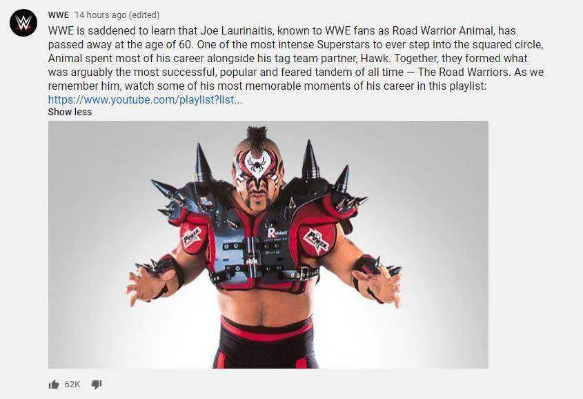 90's wwf fans might know this Legion of Doom also known as The Road Warriors Joe Laurinaitis (Animal) has passed away at the age of 60