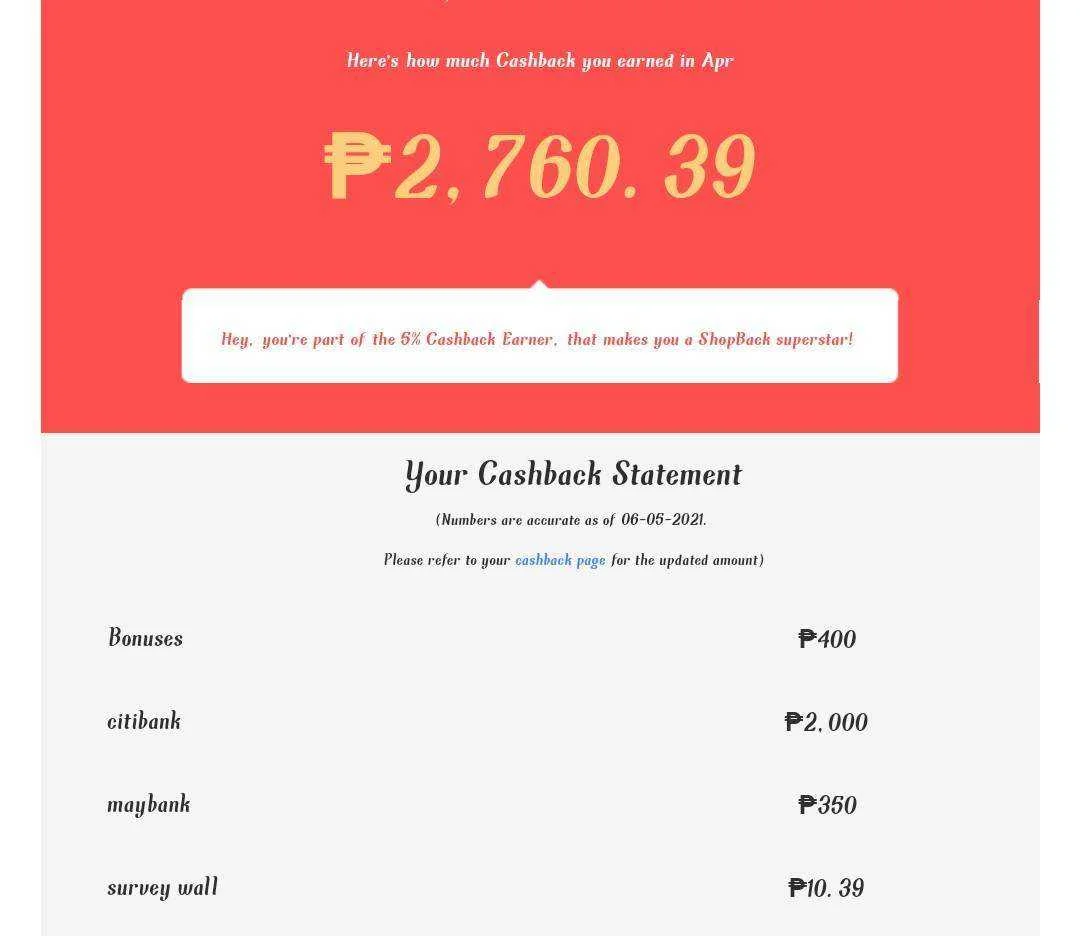 Cashback as of aplril 2021